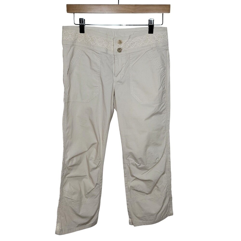 Kuhl Cropped Hiking Pants Size 6 Tan Crochet Trim Travel Outdoor Boho Utility - Picture 2 of 8